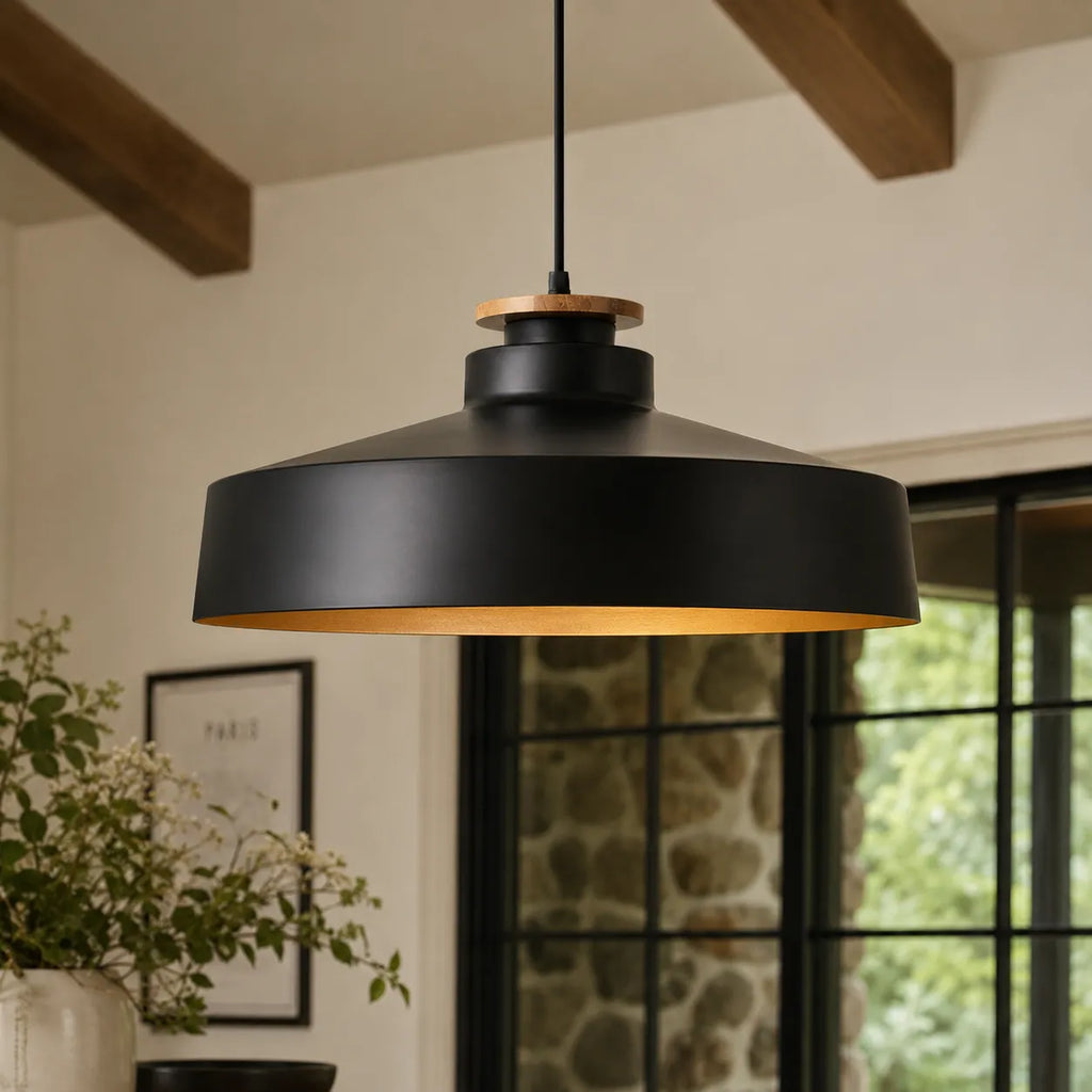 Pendant Light with Wood Accent and Metal Dome Shade for Dining Kitchen Island