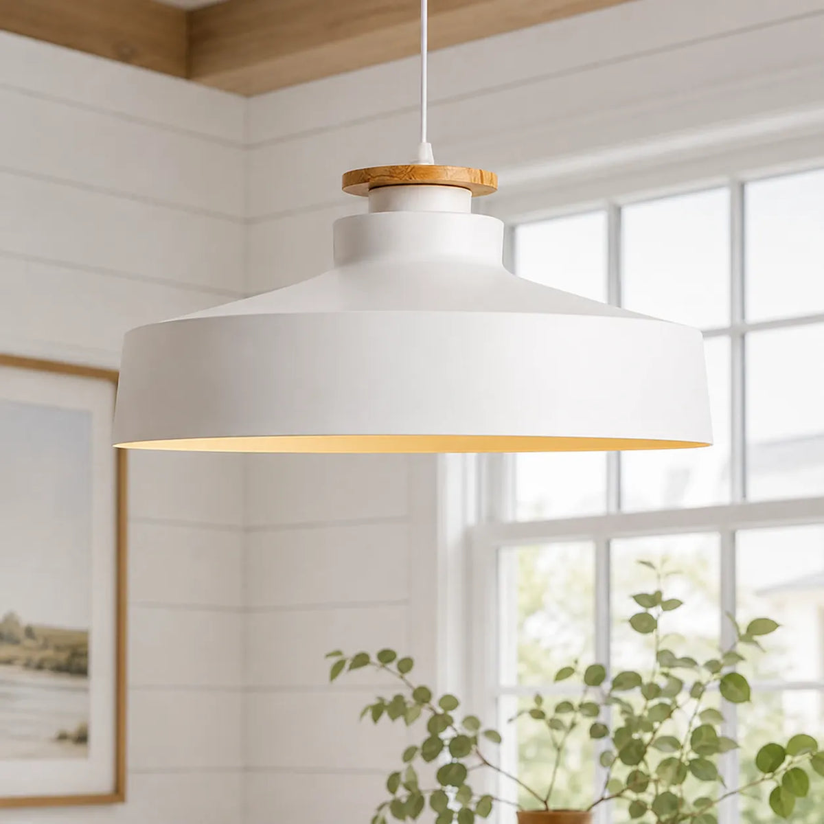 Pendant Light with Wood Accent and Metal Dome Shade for Dining Kitchen Island
