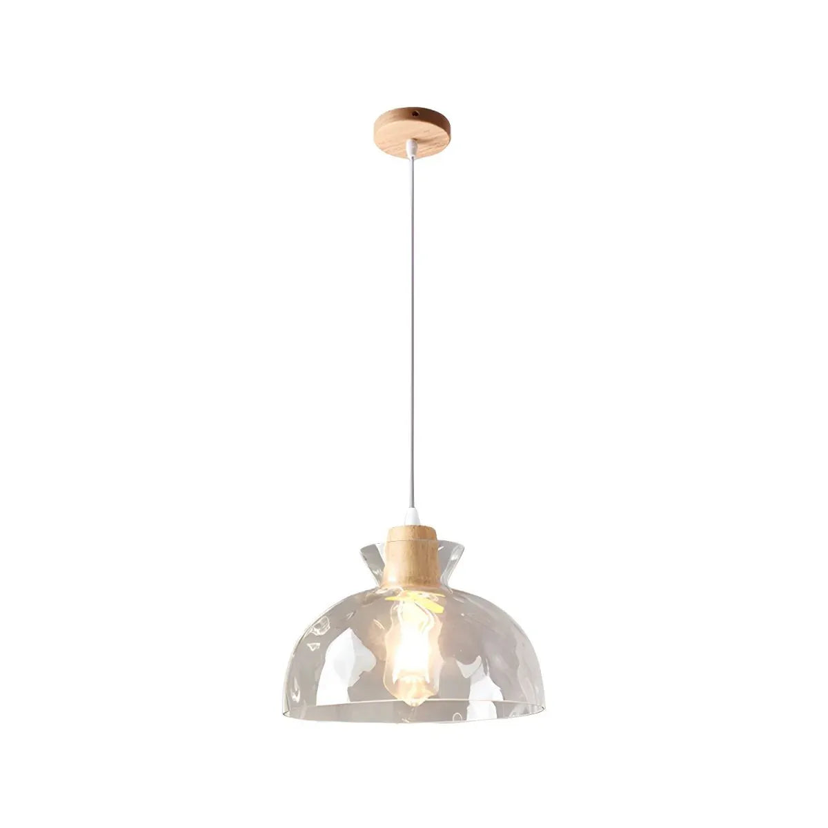 Lampada a sospensione con cupola in vetro trasparente e dettaglio in legno, ideale per soggiorno, sala da pranzo e cucina
