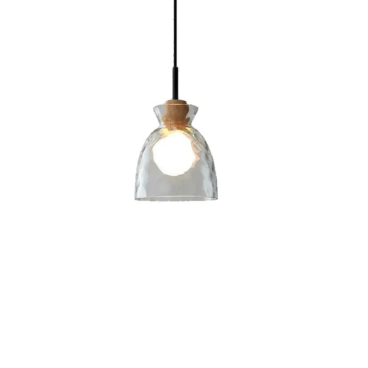 Lampada a sospensione con cupola in vetro trasparente e dettaglio in legno, ideale per soggiorno, sala da pranzo e cucina
