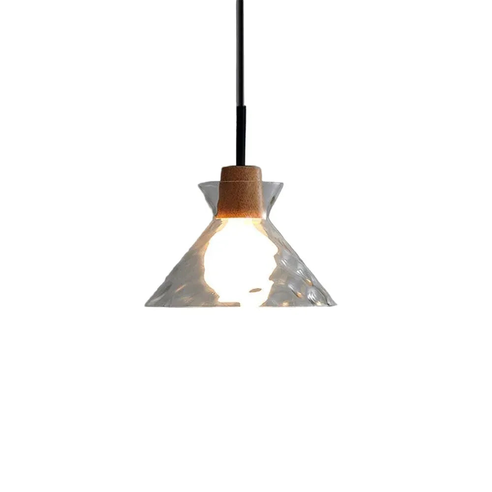 Lampada a sospensione con cupola in vetro trasparente e dettaglio in legno, ideale per soggiorno, sala da pranzo e cucina