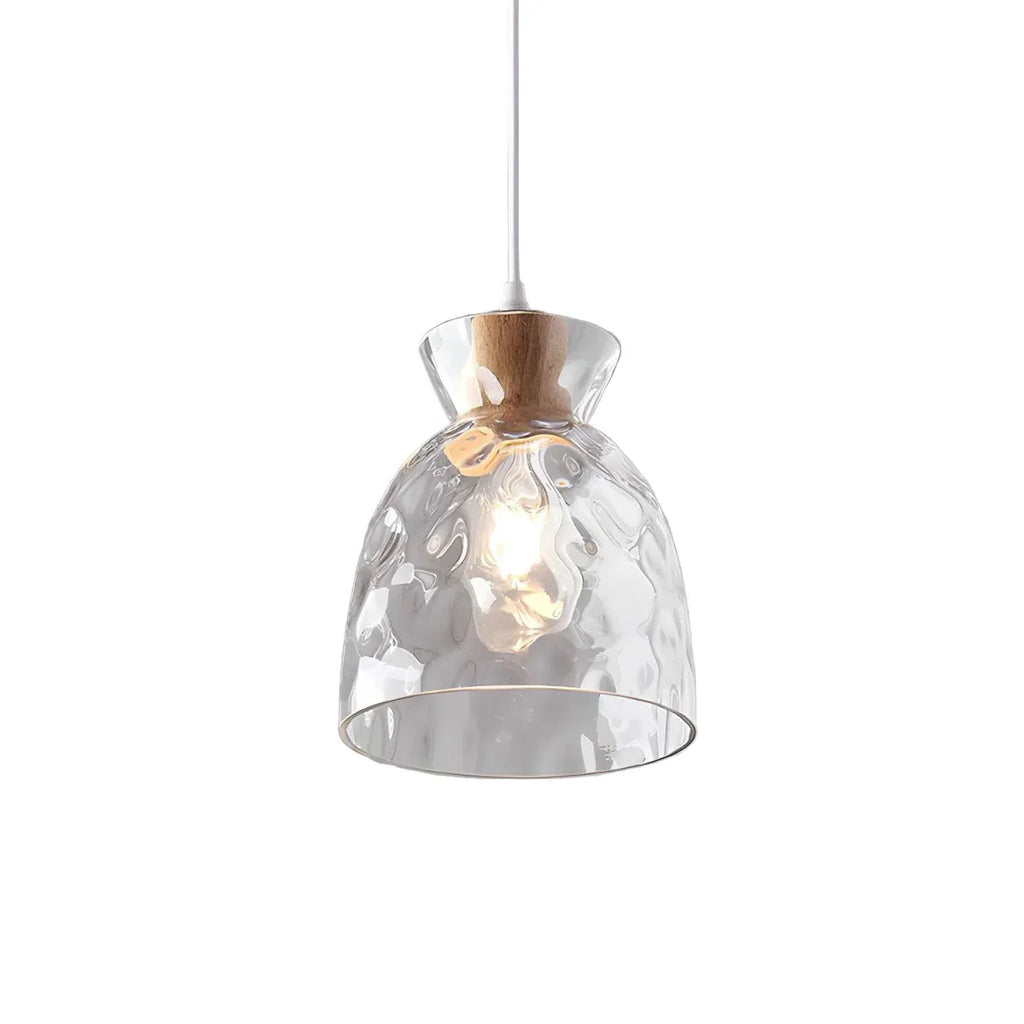 Lampada a sospensione con cupola in vetro trasparente e dettaglio in legno, ideale per soggiorno, sala da pranzo e cucina