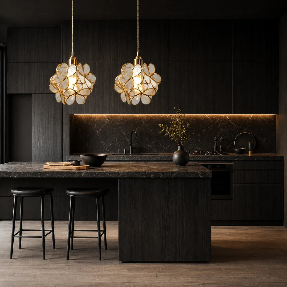 Pendant Light with Sculpted Glass Petal Design and Stone Accents