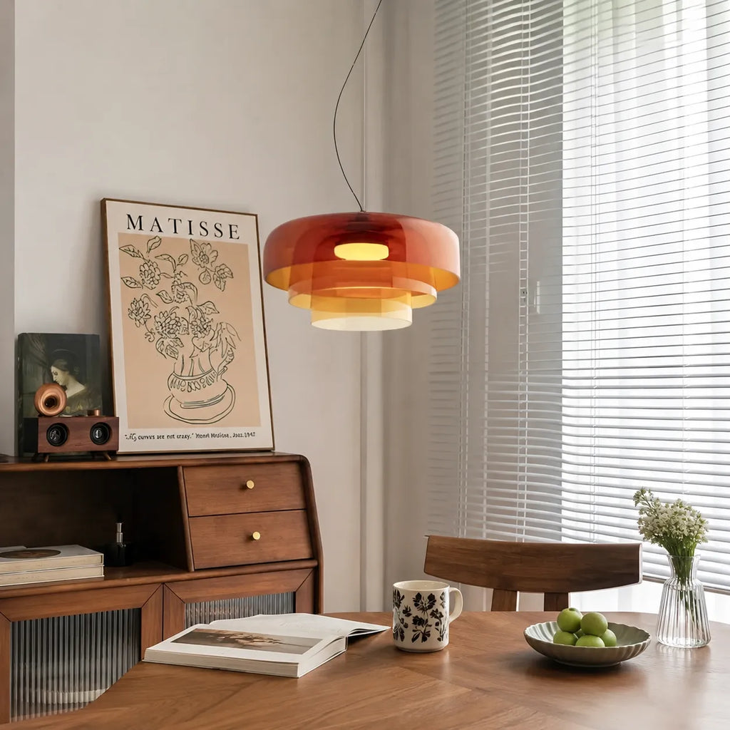 Lámpara colgante con vidrio escultural en capas e iluminación difusa y suave