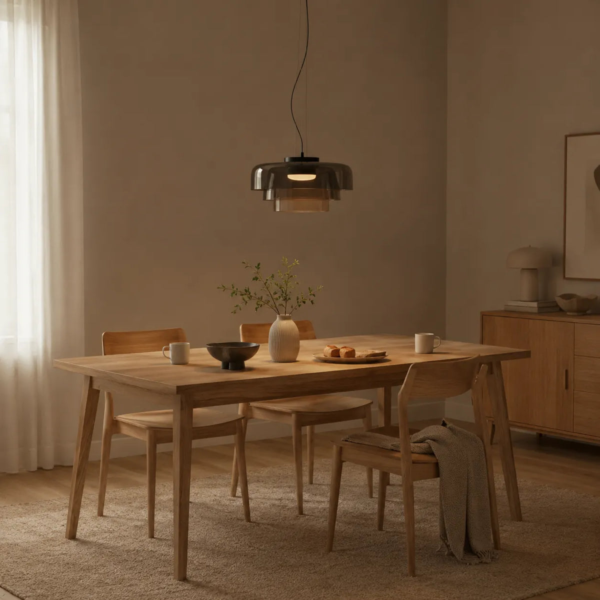 Lámpara colgante con vidrio escultural en capas e iluminación difusa y suave