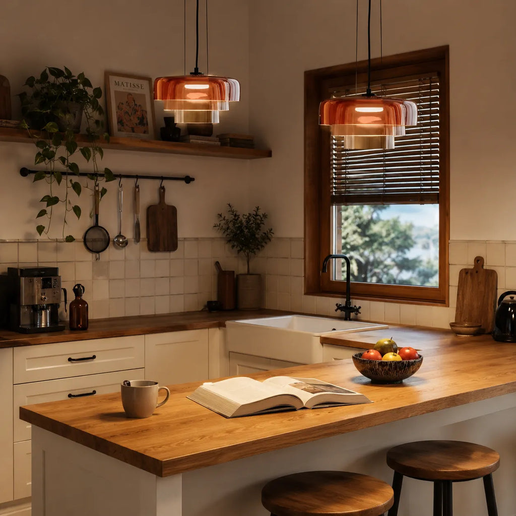 Lámpara colgante con vidrio escultural en capas e iluminación difusa y suave