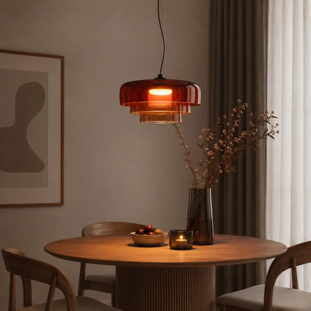 Lámpara colgante con vidrio escultural en capas e iluminación difusa y suave