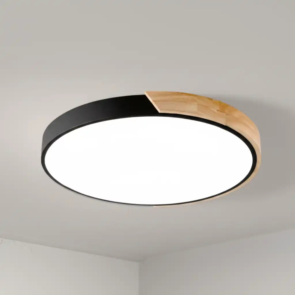 LED Oyster Light with Low-Profile Wood Accent Design Flush Mount Ceiling Light for Bedroom Hallway
