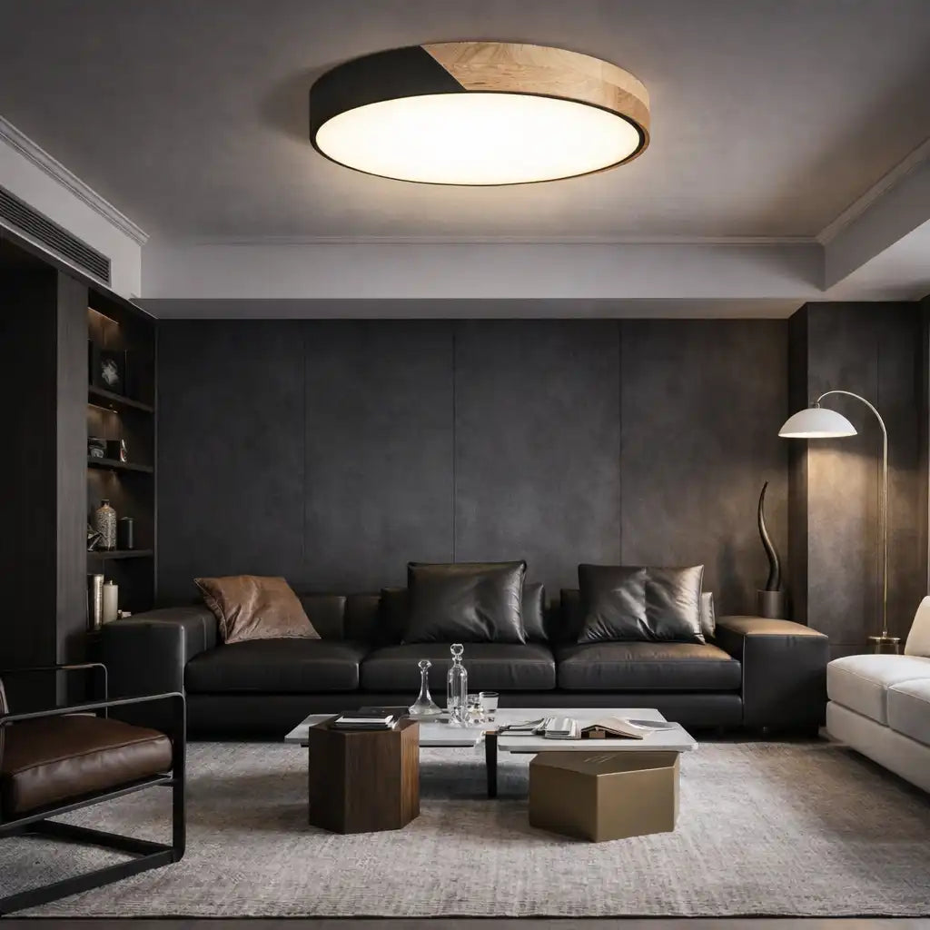 Plafonnier LED extra-plat à motif décoratif en bois pour chambre et couloir
