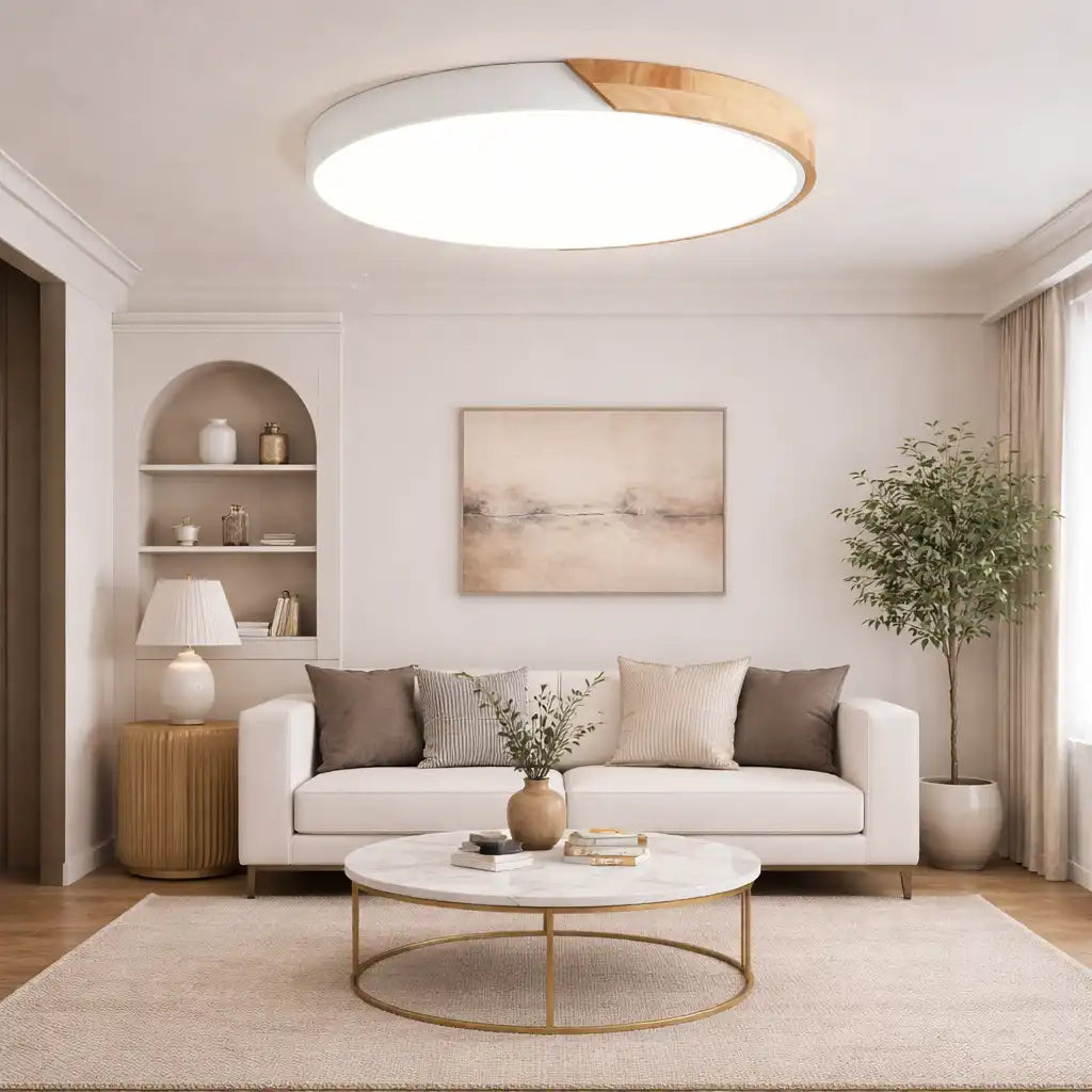 LED Oyster Light with Low-Profile Wood Accent Design Flush Mount Ceiling Light for Bedroom Hallway