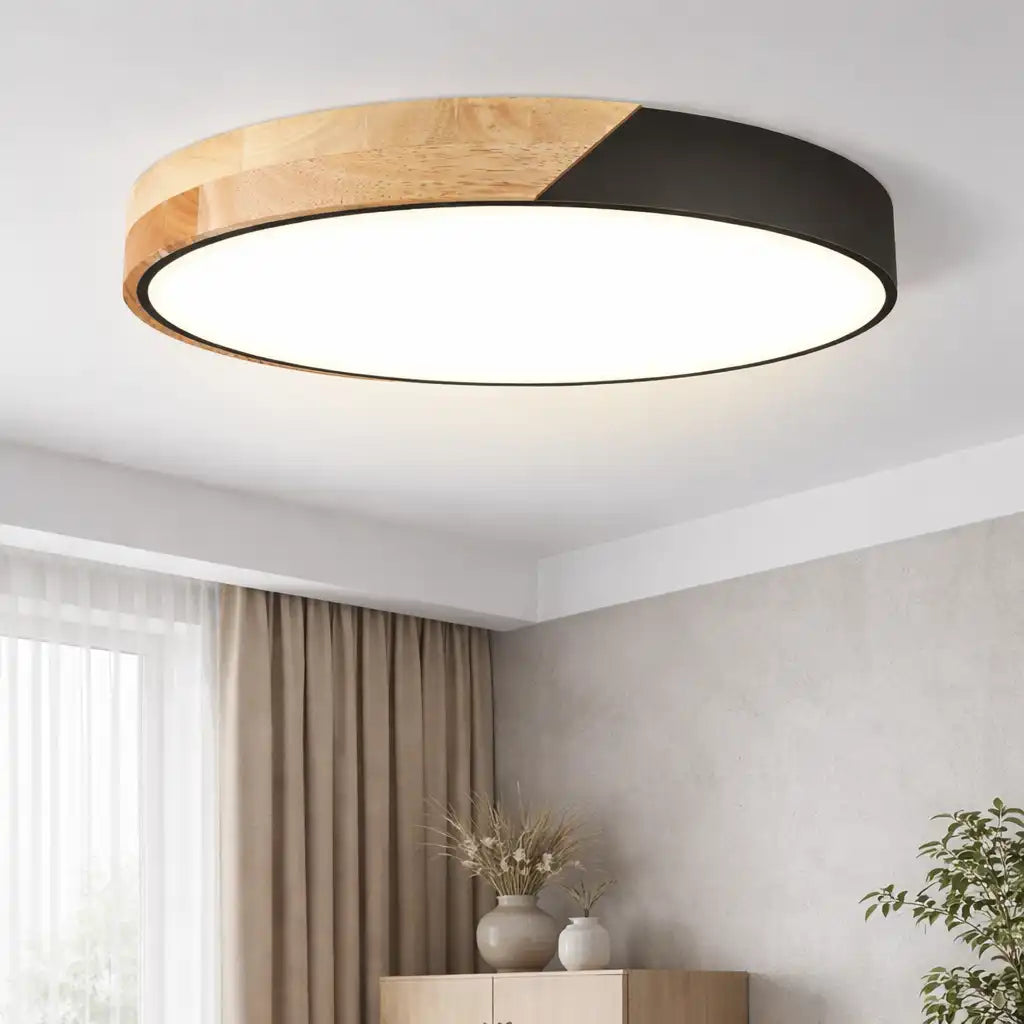 LED Oyster Light with Low-Profile Wood Accent Design Flush Mount Ceiling Light for Bedroom Hallway