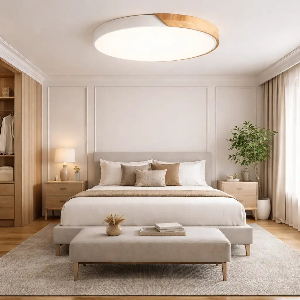 LED Oyster Light with Low-Profile Wood Accent Design Flush Mount Ceiling Light for Bedroom Hallway