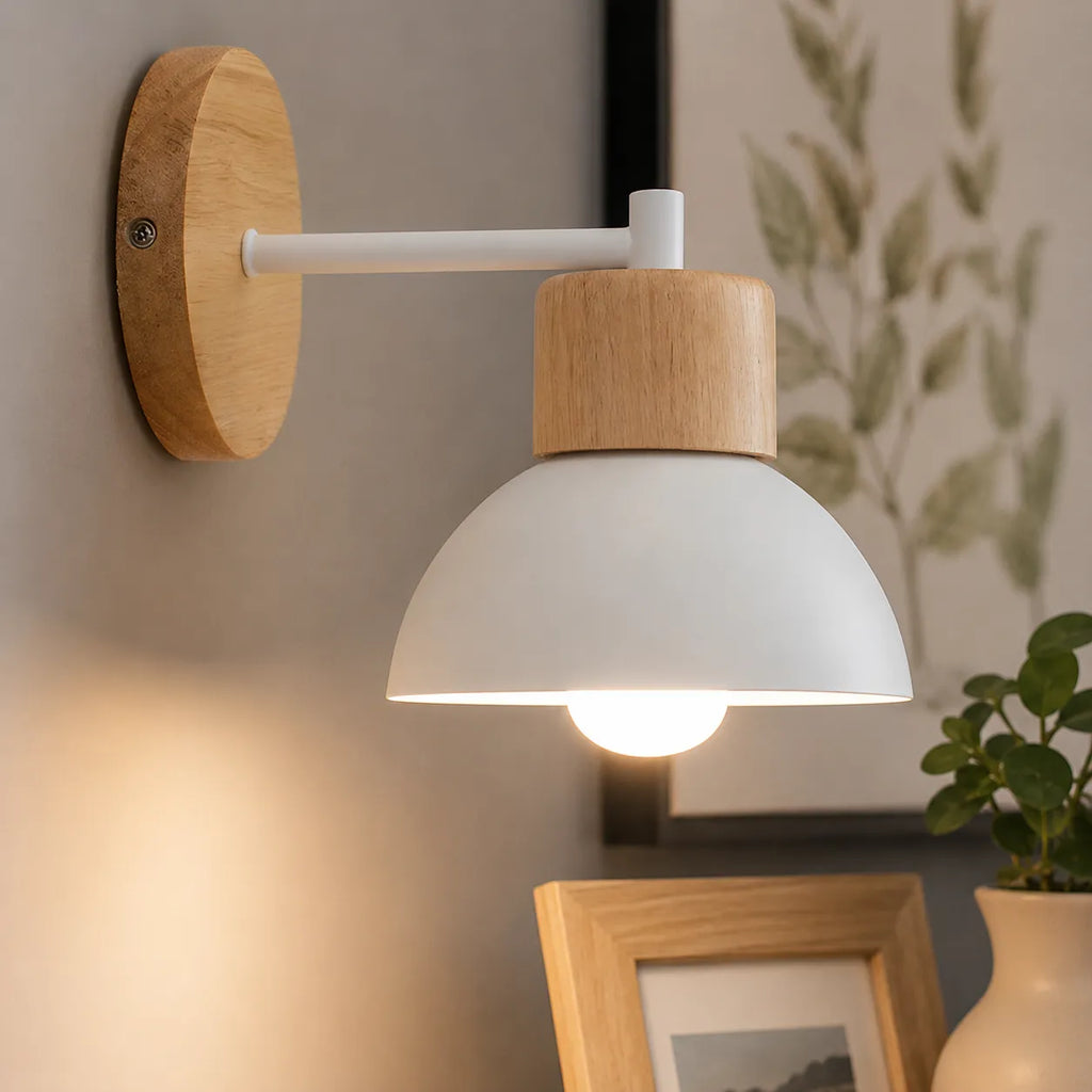 Lounge Wall Lights with Natural Wood and Iron Frame Modern Bedside Sconce