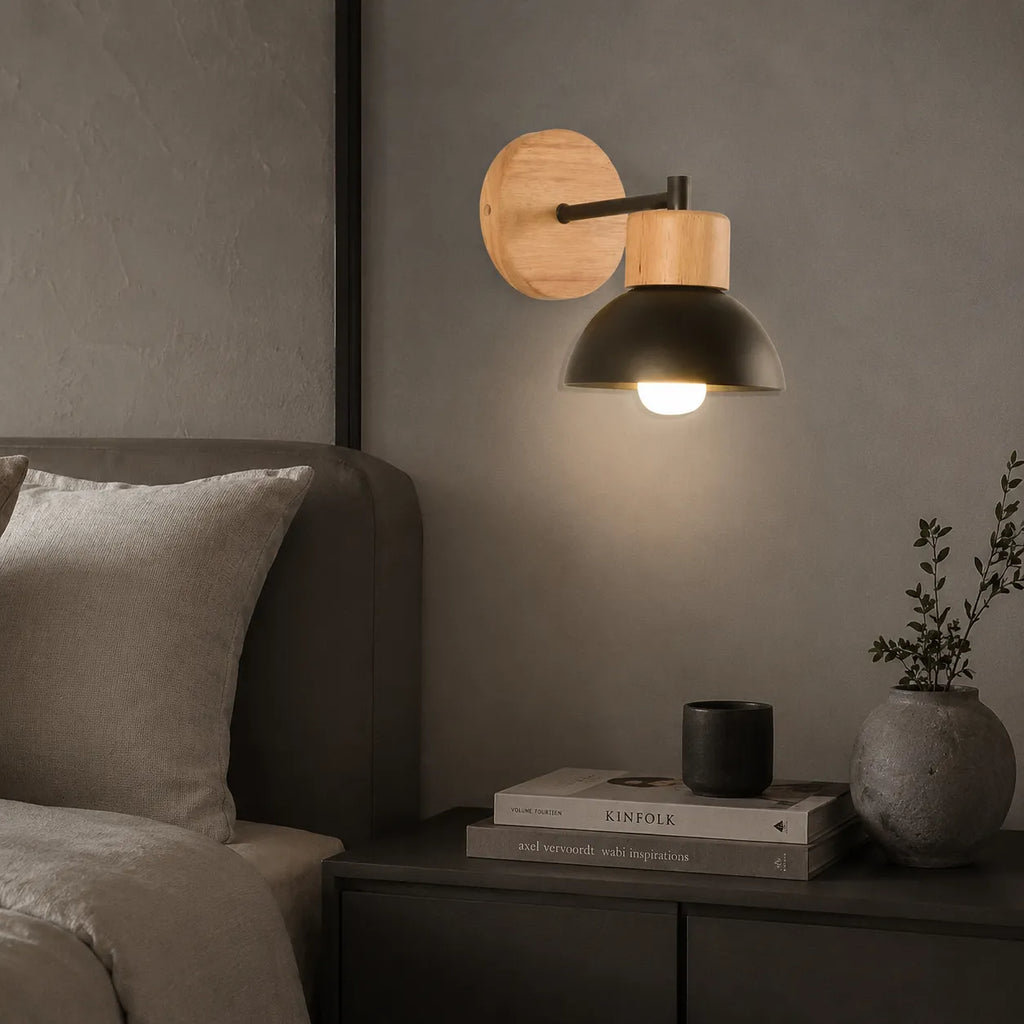 Lounge Wall Lights with Natural Wood and Iron Frame Modern Bedside Sconce