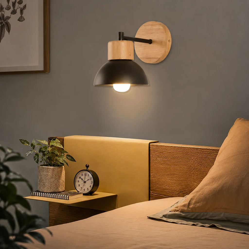 Lounge Wall Lights with Natural Wood and Iron Frame Modern Bedside Sconce