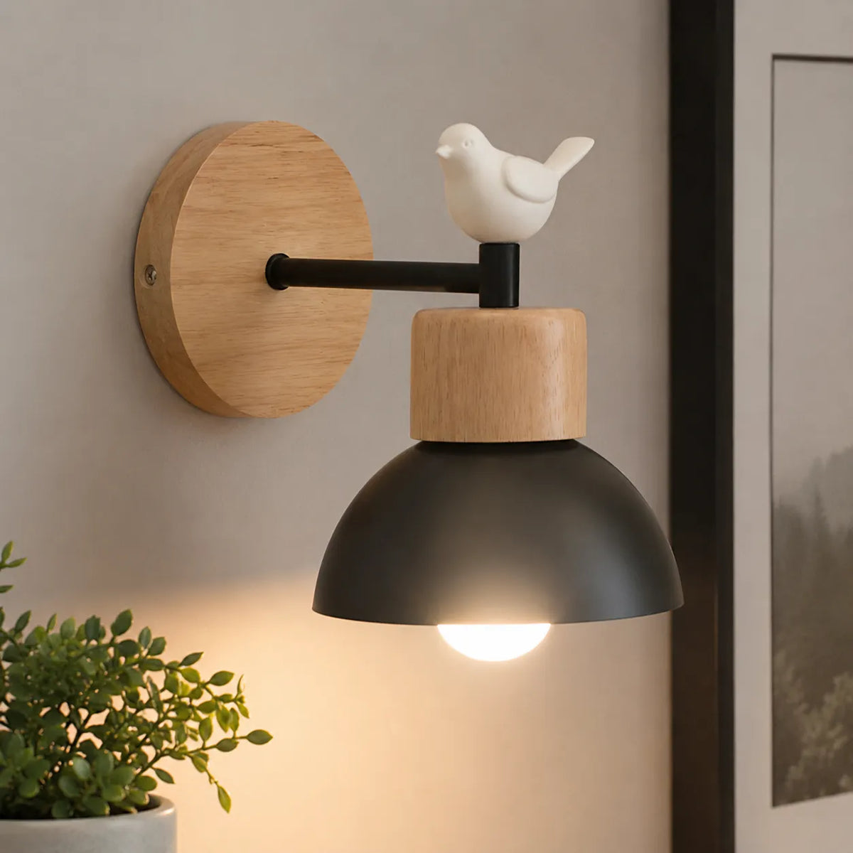 Applique da soggiorno con legno naturale e struttura in ferro, moderna e adatta al comodino