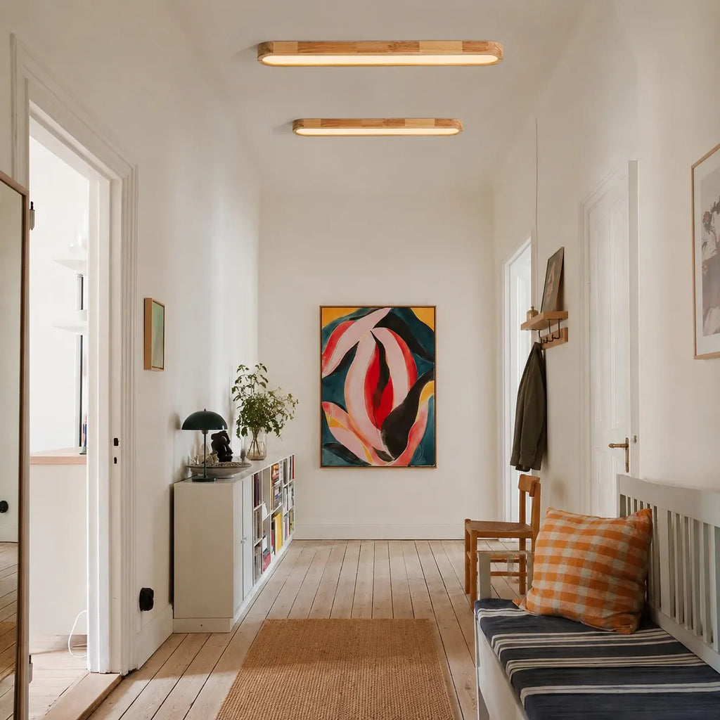Plafonnier LED avec détail en bois linéaire pour chambre, salon, salle à manger et cuisine