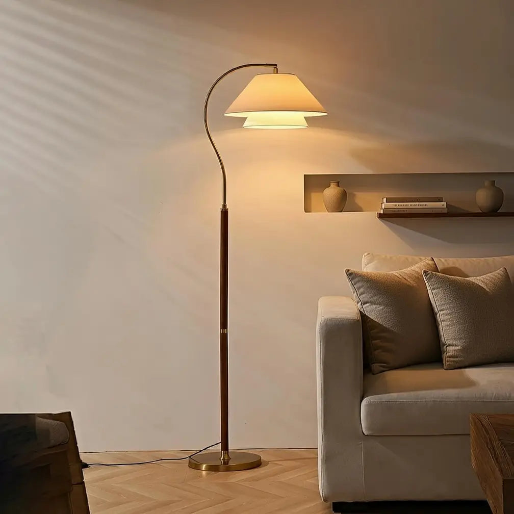 Arc Floor Lamp with Mid-Century Wood Frame and Fabric Shade for Living Room