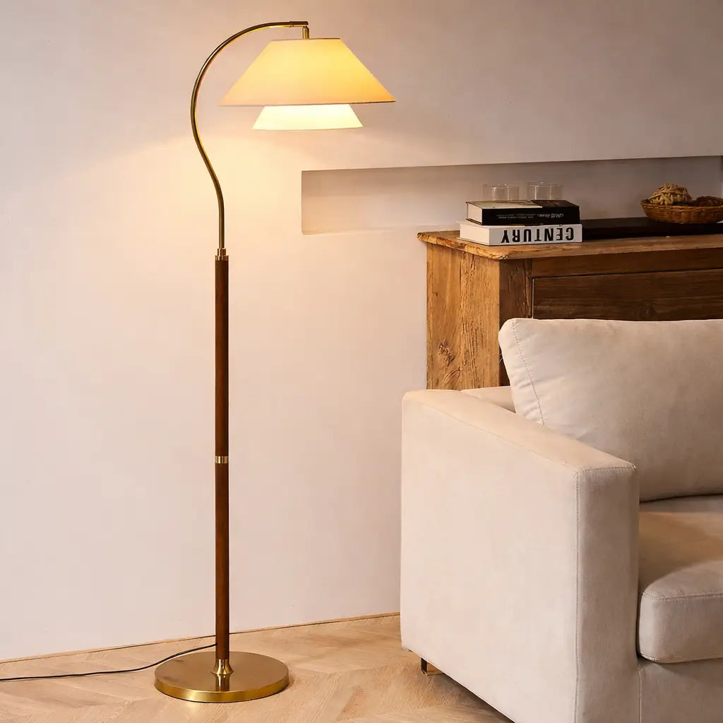 Arc Floor Lamp with Mid-Century Wood Frame and Fabric Shade for Living Room