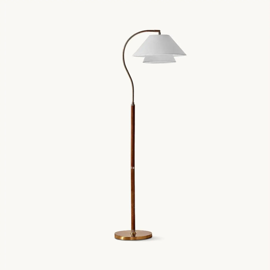 Lampada da terra ad arco con struttura in legno di metà secolo e paralume in tessuto, per il soggiorno