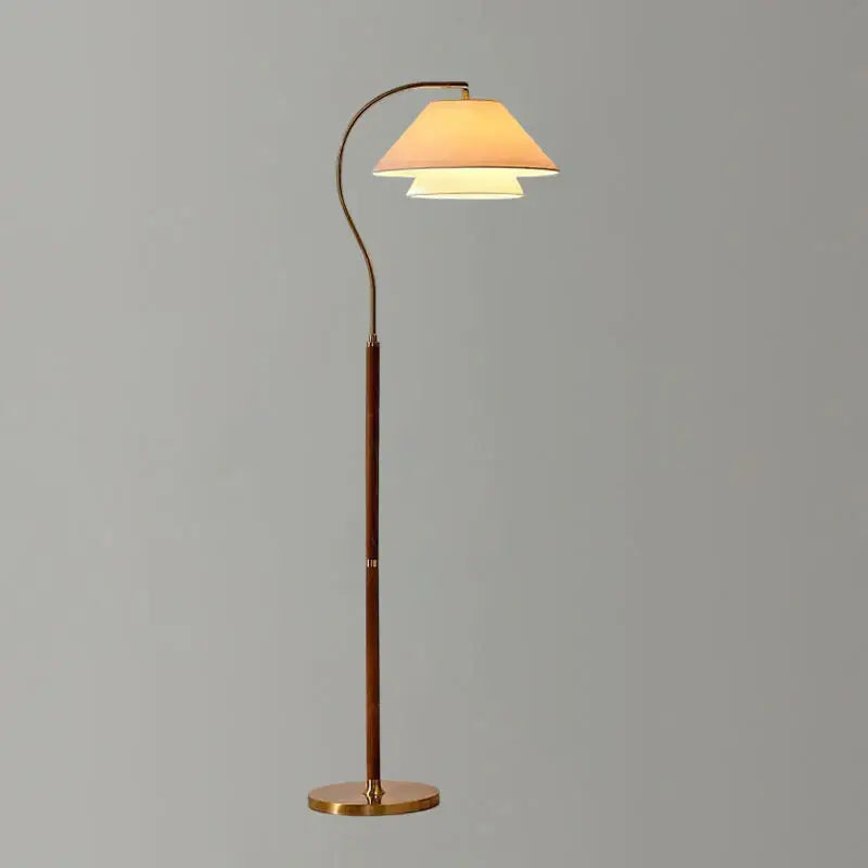 Arc Floor Lamp with Mid-Century Wood Frame and Fabric Shade for Living Room
