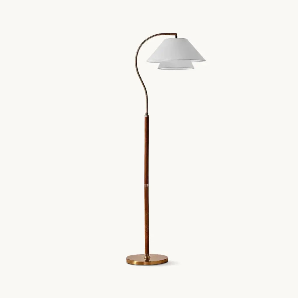 Lampada da terra ad arco con struttura in legno di metà secolo e paralume in tessuto, per il soggiorno