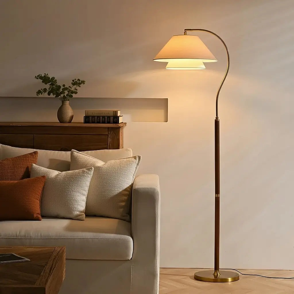 Arc Floor Lamp with Mid-Century Wood Frame and Fabric Shade for Living Room