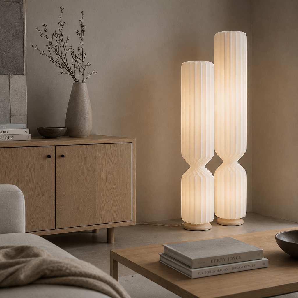 Lampadaire avec abat-jour plissé en tissu et finition chromée polie