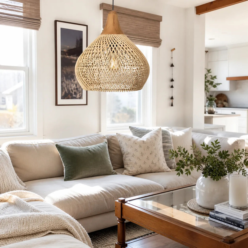 Luminaire suspendu en rotin tissé à la main, à tissage ajouré et à douce lumière d’ambiance