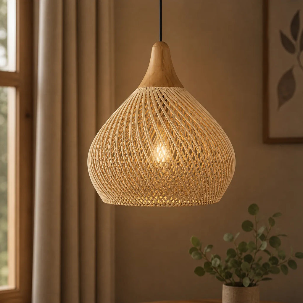 Luminaire suspendu en rotin tissé à la main, à tissage ajouré et à douce lumière d’ambiance