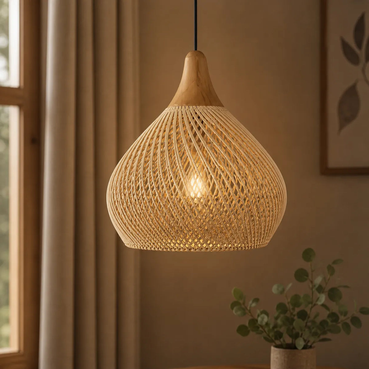 Luminaire suspendu en rotin tissé à la main, à tissage ajouré et à douce lumière d’ambiance