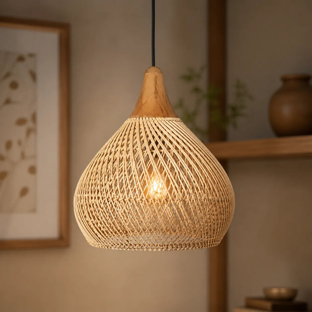 Luminaire suspendu en rotin tissé à la main, à tissage ajouré et à douce lumière d’ambiance