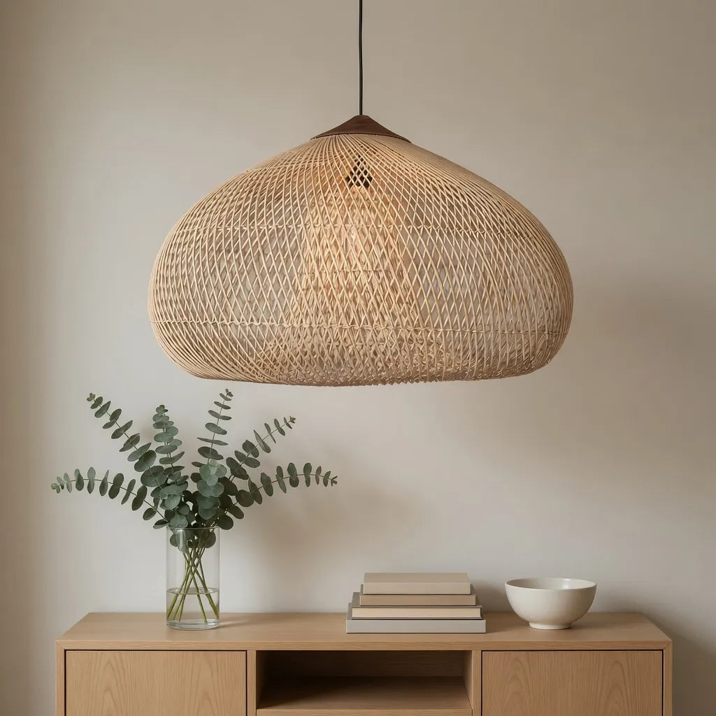 Handwoven Rattan Pendant Light with Open-Weave Design and Warm Ambient Glow