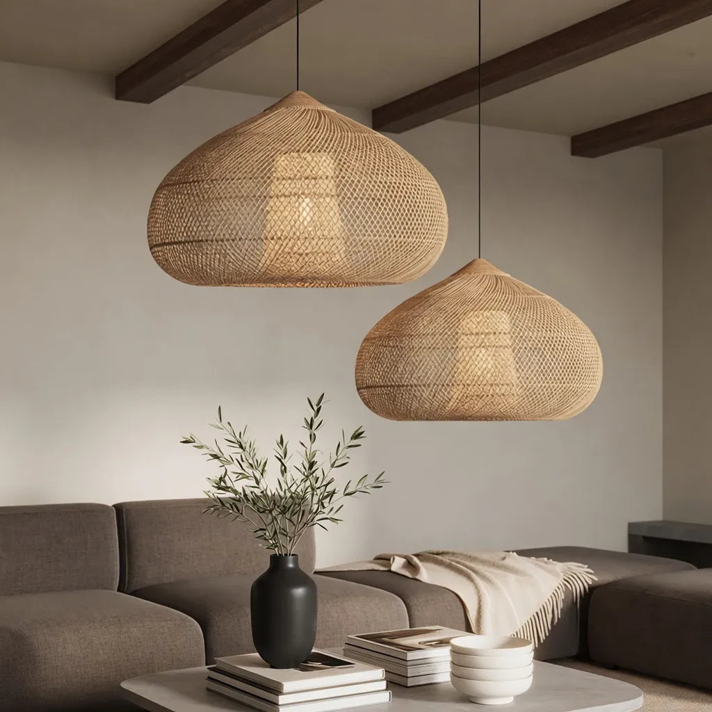 Handwoven Rattan Pendant Light with Open-Weave Design and Warm Ambient Glow