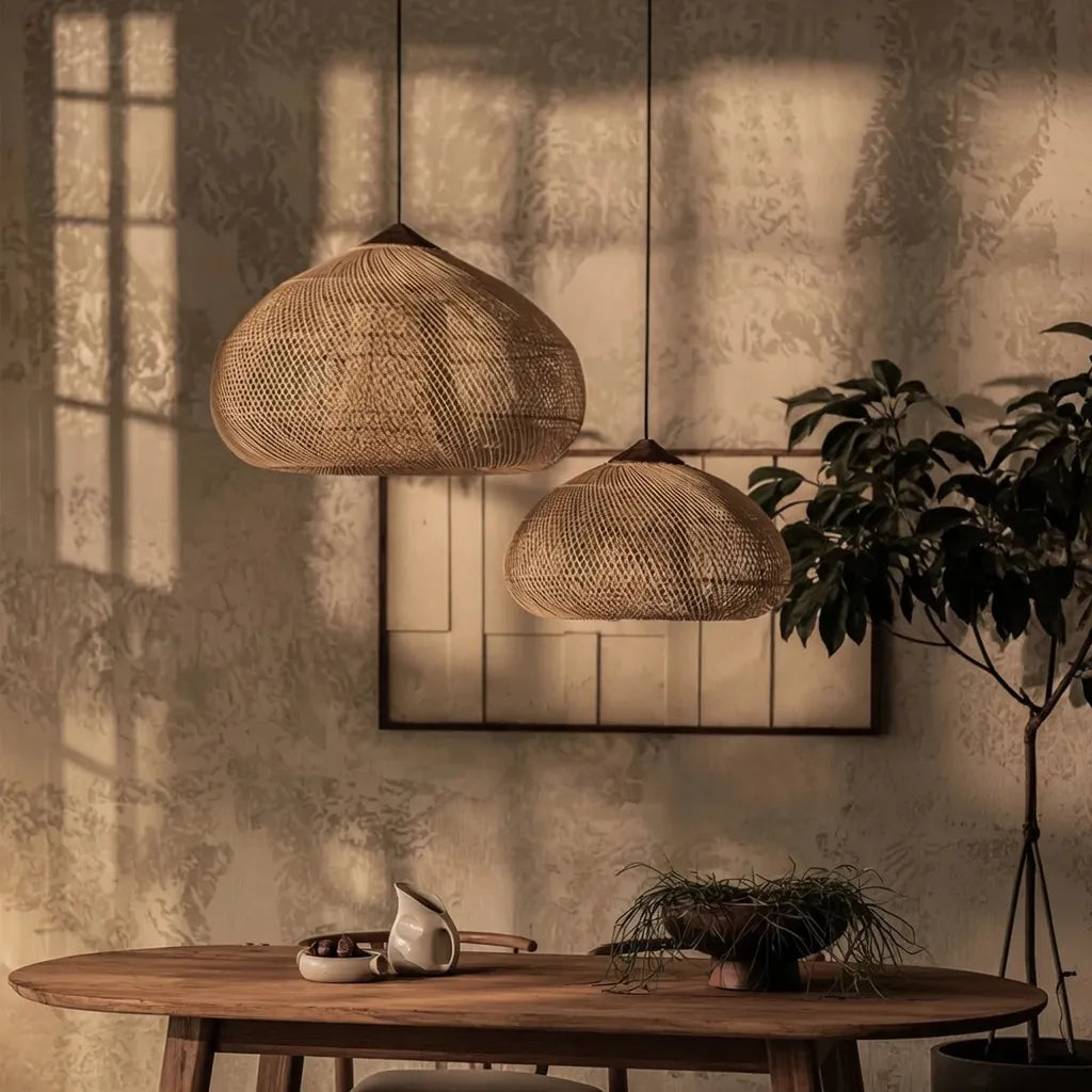 Handwoven Rattan Pendant Light with Open-Weave Design and Warm Ambient Glow