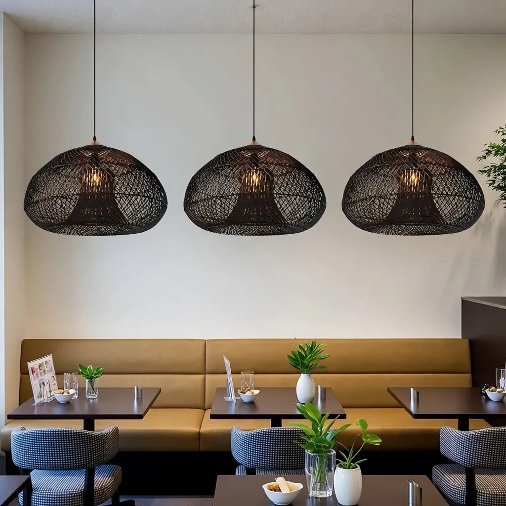 Handwoven Rattan Pendant Light with Open-Weave Design and Warm Ambient Glow