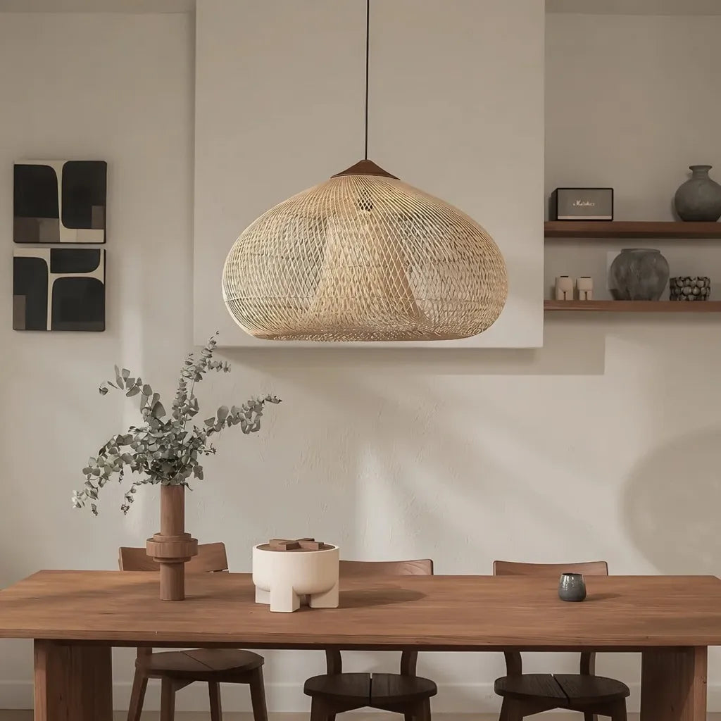 Handwoven Rattan Pendant Light with Open-Weave Design and Warm Ambient Glow