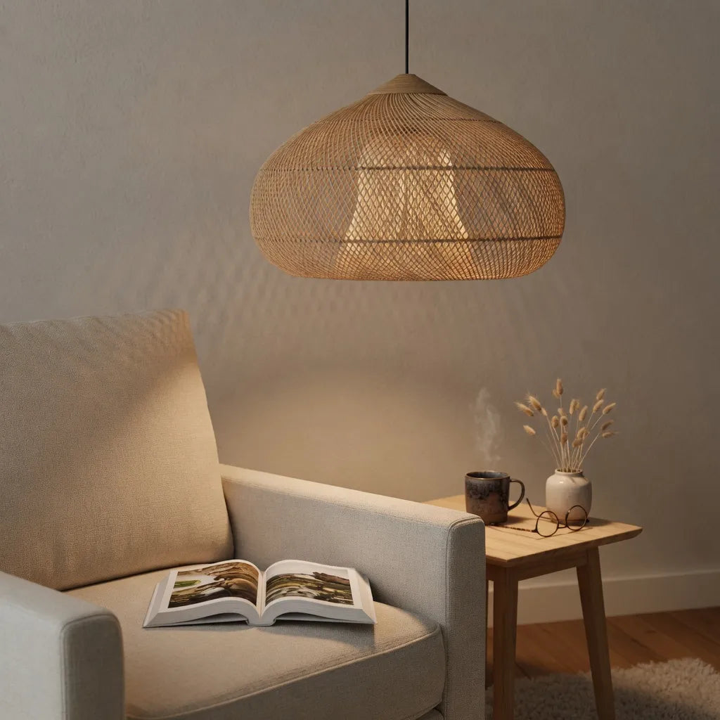 Handwoven Rattan Pendant Light with Open-Weave Design and Warm Ambient Glow
