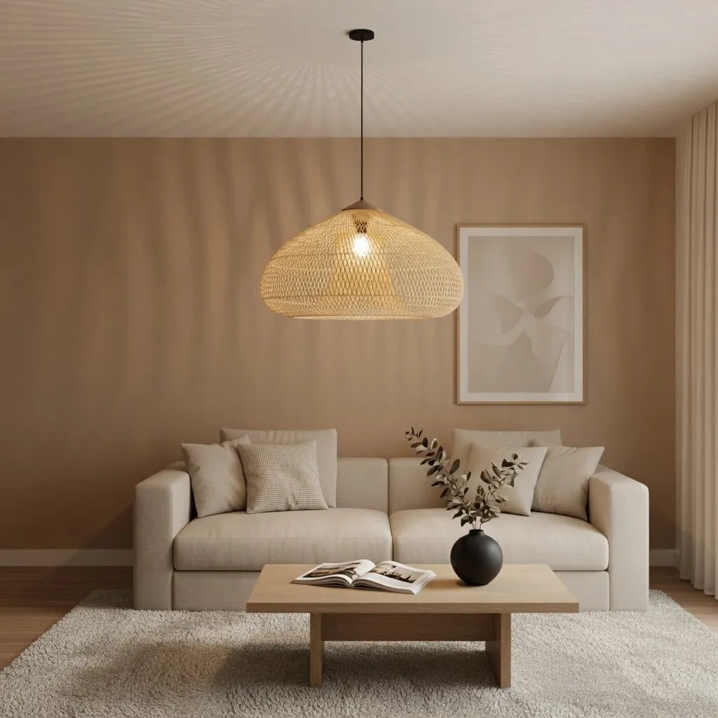 Handwoven Rattan Pendant Light with Open-Weave Design and Warm Ambient Glow