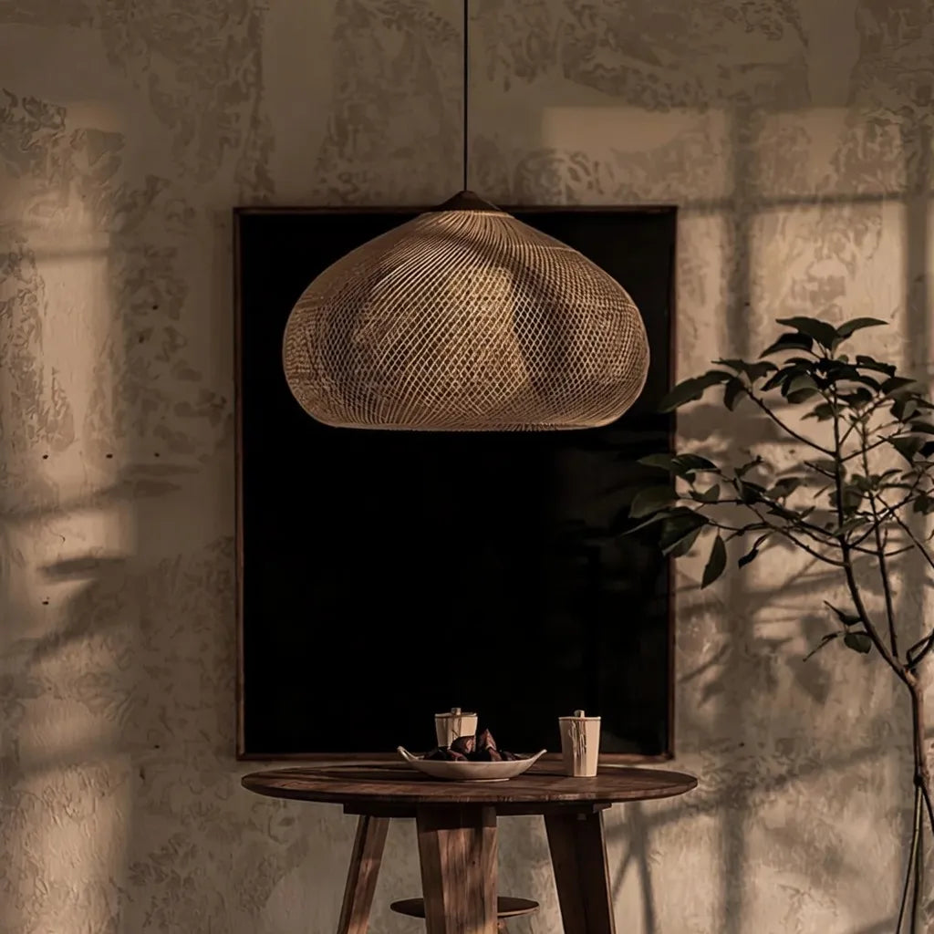 Handwoven Rattan Pendant Light with Open-Weave Design and Warm Ambient Glow