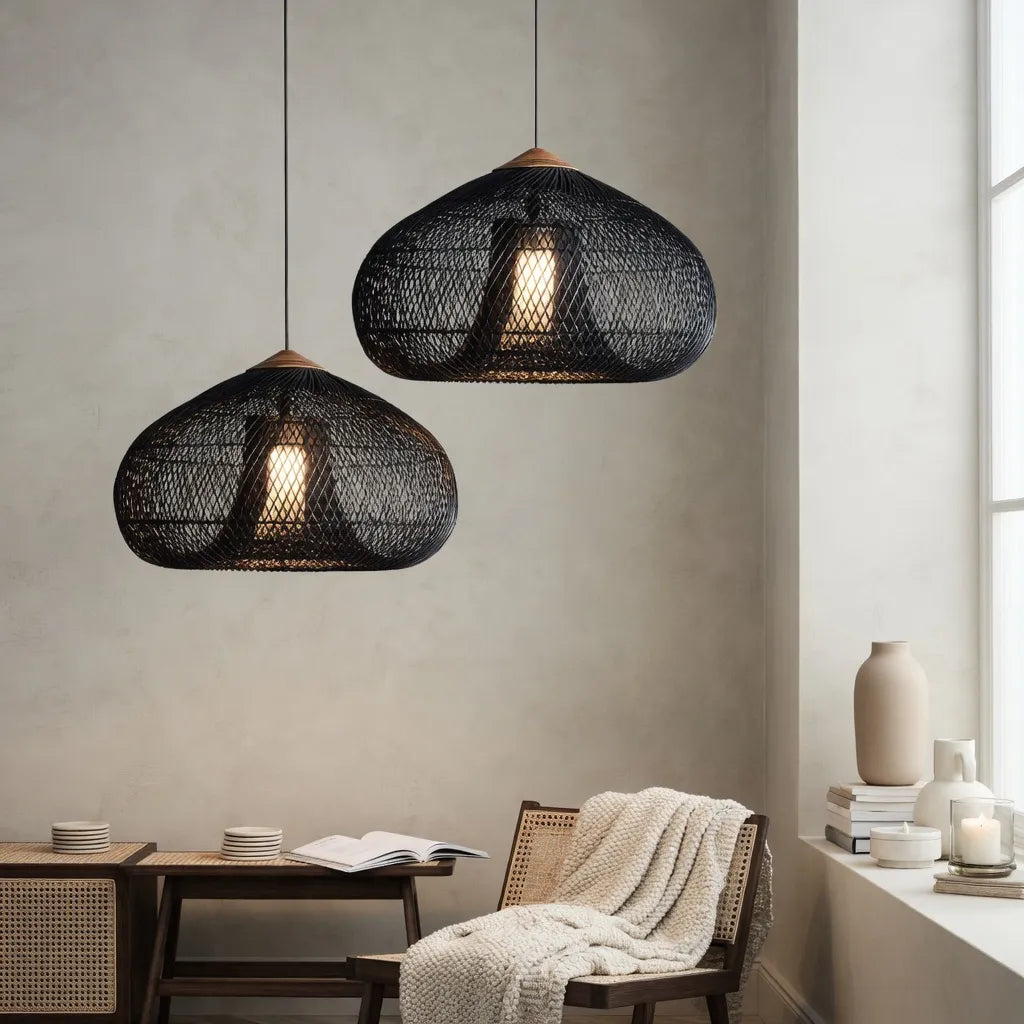 Handwoven Rattan Pendant Light with Open-Weave Design and Warm Ambient Glow