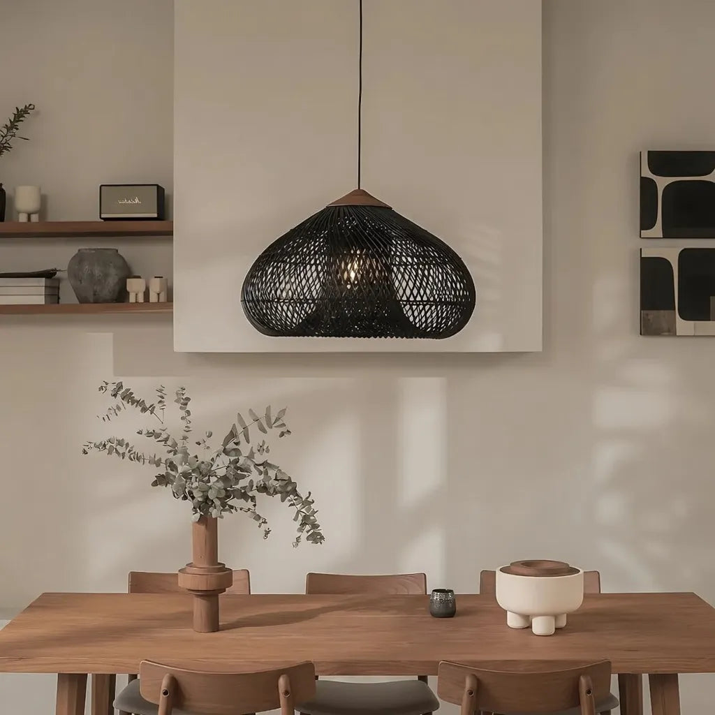 Handwoven Rattan Pendant Light with Open-Weave Design and Warm Ambient Glow