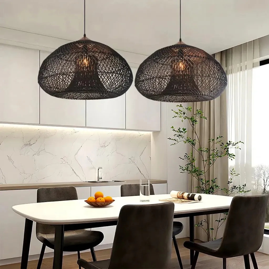 Handwoven Rattan Pendant Light with Open-Weave Design and Warm Ambient Glow