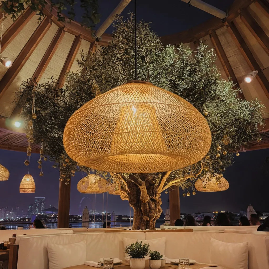 Handwoven Rattan Pendant Light with Open-Weave Design and Warm Ambient Glow