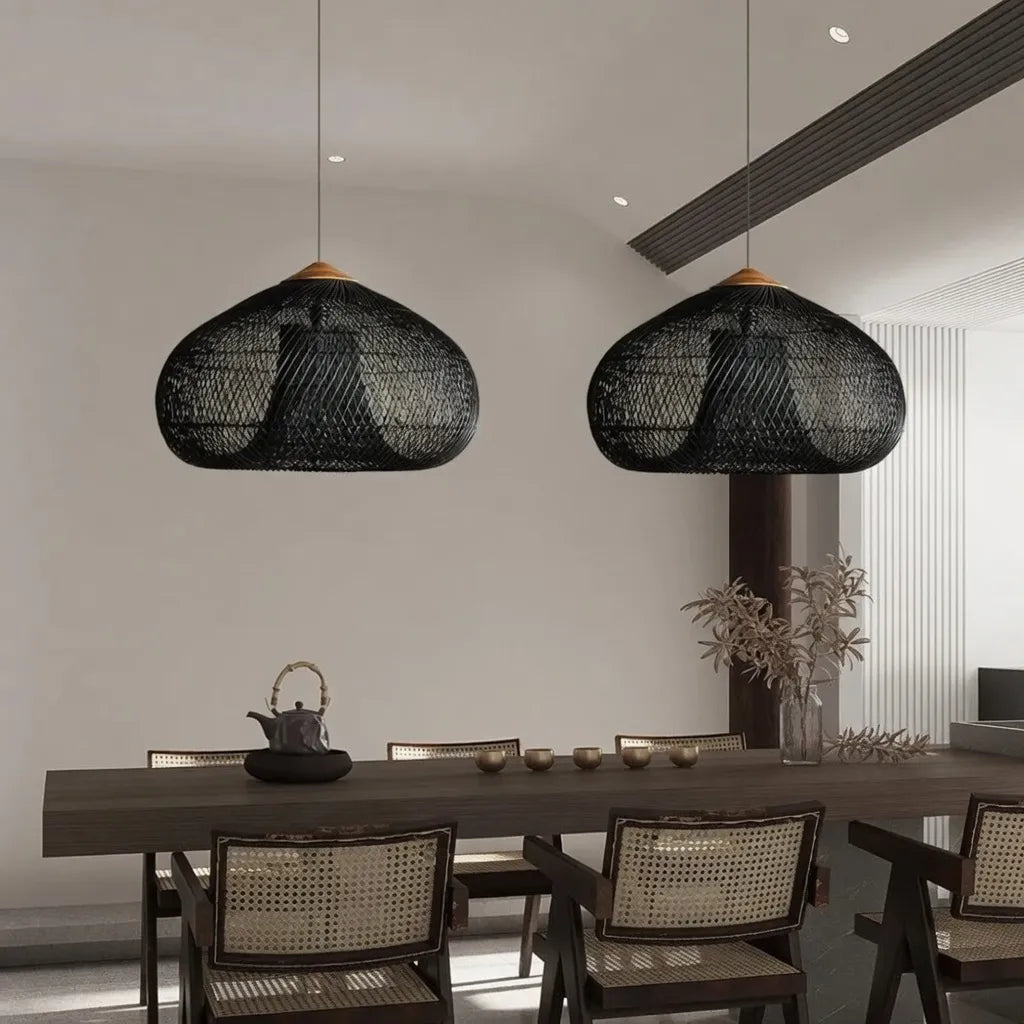 Handwoven Rattan Pendant Light with Open-Weave Design and Warm Ambient Glow