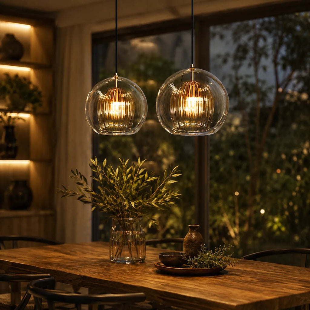 Kitchen Pendant Light Fixtures with Spherical Glass Shade and Iron Fitting
