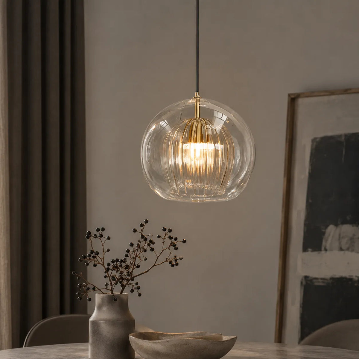 Kitchen Pendant Light Fixtures with Spherical Glass Shade and Iron Fitting