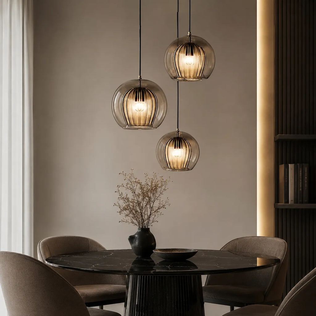 Kitchen Pendant Light Fixtures with Spherical Glass Shade and Iron Fitting