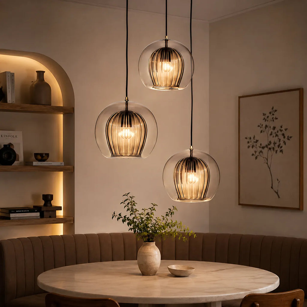 Kitchen Pendant Light Fixtures with Spherical Glass Shade and Iron Fitting