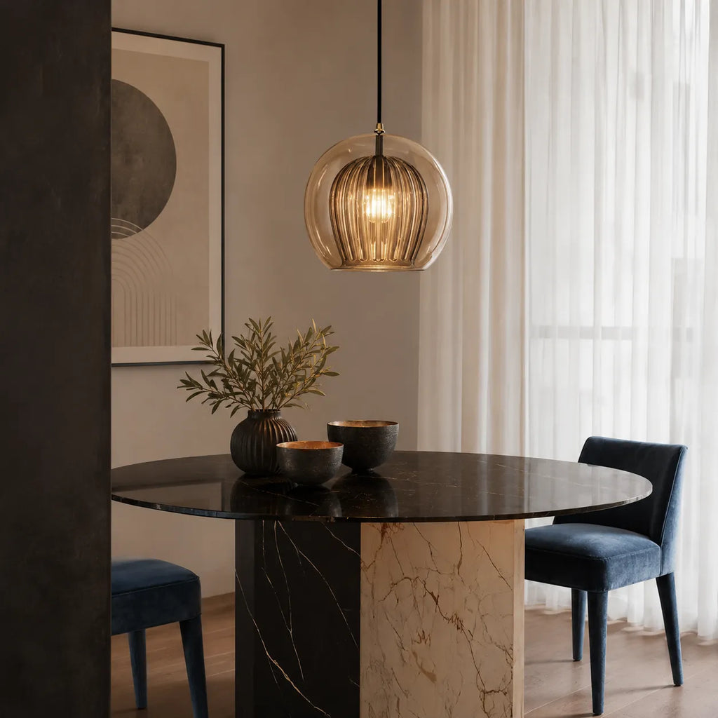 Kitchen Pendant Light Fixtures with Spherical Glass Shade and Iron Fitting
